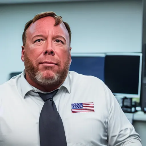 Image similar to alex jones inside an american office under fluorescent lights