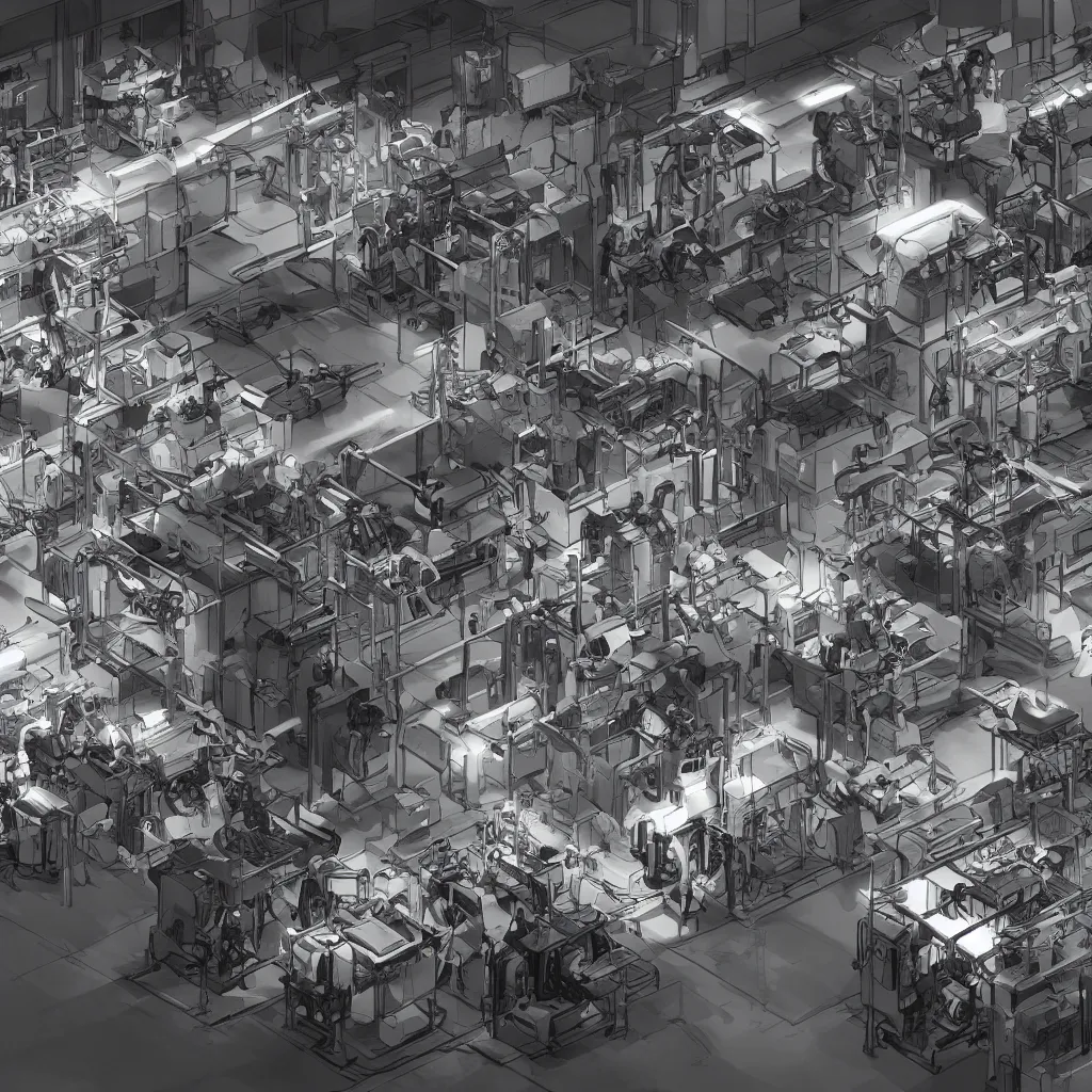 Image similar to storyboard sketches of robot factory production line, cinematic, epic, 4 k, concept art by feng zhu