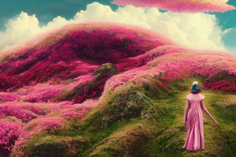Prompt: giant dahlia flower crown head, woman walking on mountain, surreal photography, pink storm clouds, dramatic light, impressionist painting, digital painting, artstation, simon stalenhag