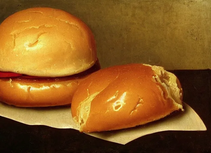 Image similar to a beautiful renaissance painting of a sweating young hamburger, sweet firm buns, in style of John Singer Sargant, still life, Velasquez, trending on artstation