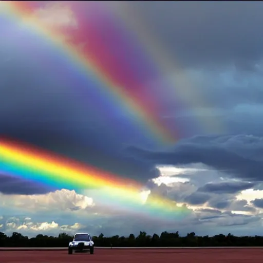 Prompt: Angel-winged limousine flying into a cloudy but sunny pink sky - rainbow on the background