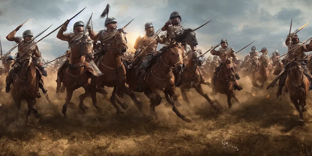 Prompt: mid action shot cinematic artwork of a battle scene as cavalry charge on horseback into a spartan army in phalanx formation, battlefield scene by greg rutowski, masterpiece, 4 k