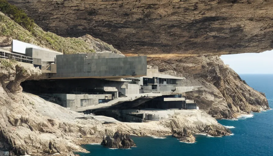 Prompt: big military base perched on a cliff overlooking a magnificient bay, laboratory, drawing architecture, science fiction, pritzker architecture prize, greig fraser