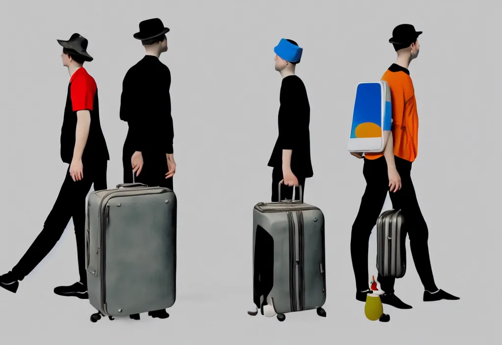 Image similar to full body portrait of a duo of young english tourists travel apparel, various poses walking and carrying luggage, geometric character designs painting, in the style of wes anderson, rene magritte, lola dupre, david hockney, isolated on white background, dark monochrome neon spraypaint accents octane render