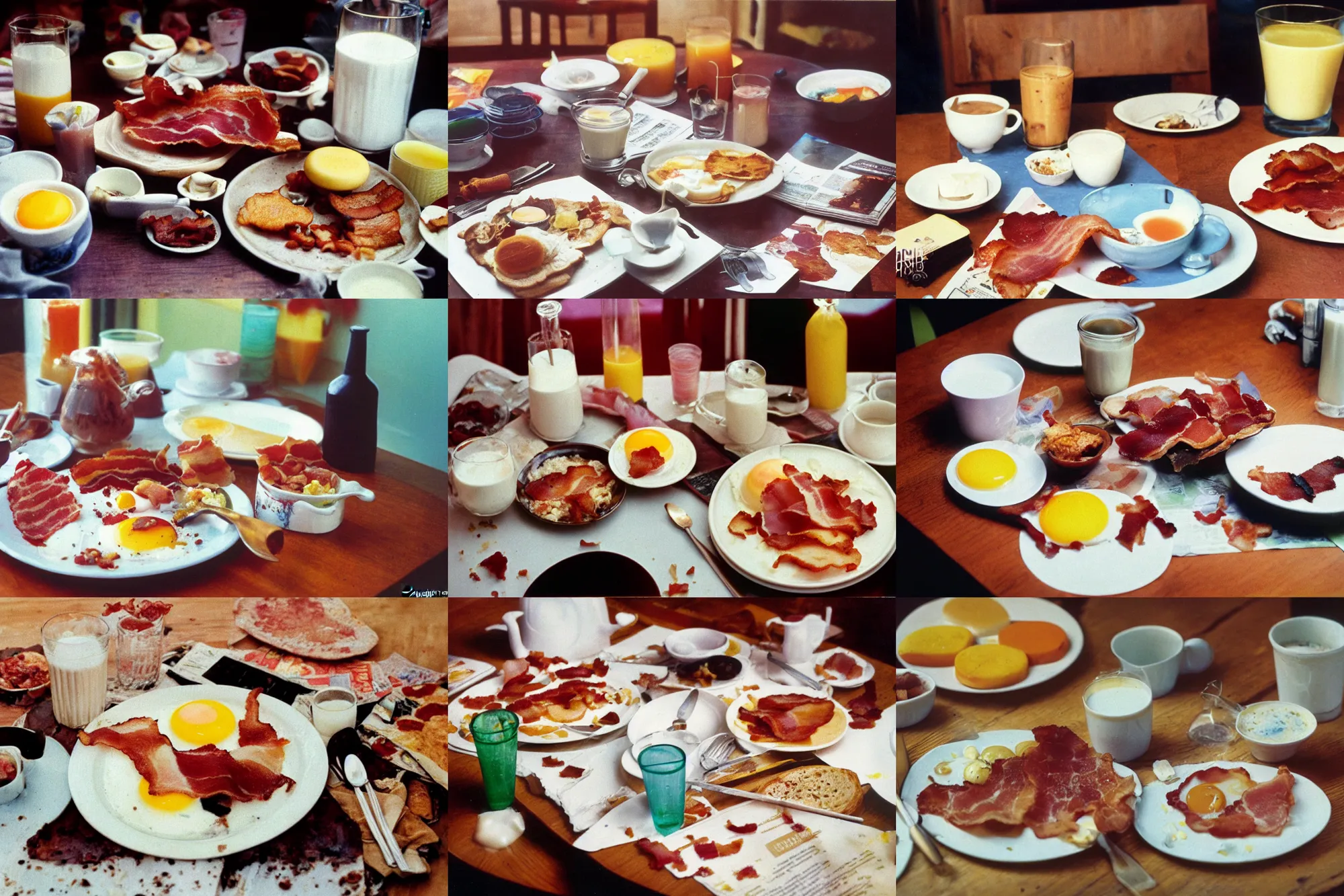 Prompt: color photograph of a dining table, breakfast, glass of milk, bacon, mess, dirty, 1 9 9 0 photo magazines