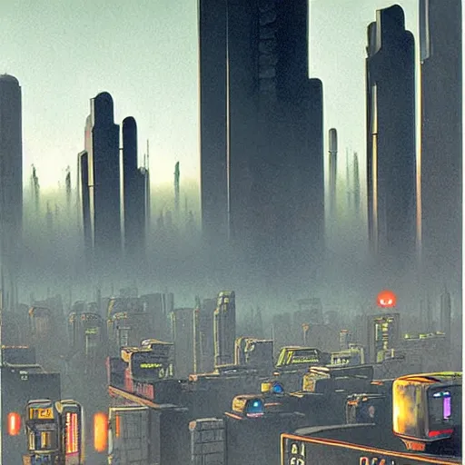 Prompt: endless cyberpunk city covered with smog by syd mead