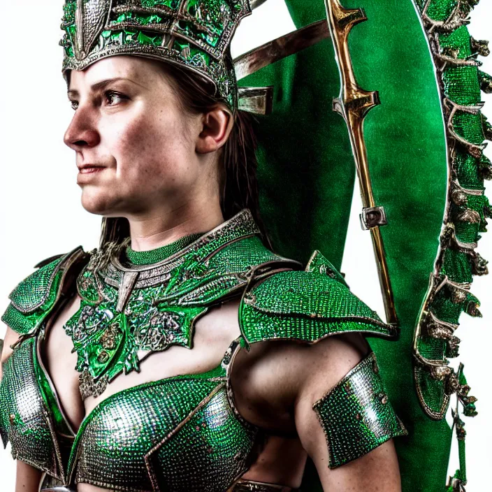 Image similar to full length photo of a beautiful strong warrior queen wearing emerald encrusted armour, highly detailed, 4 k, hdr, smooth, sharp focus, high resolution, award - winning photo