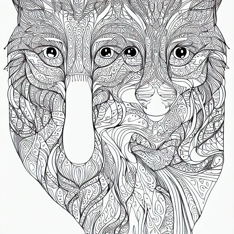 Image similar to fox ornaments fractal ink drawing line art colouring page, vector, margins, fine lines, centered