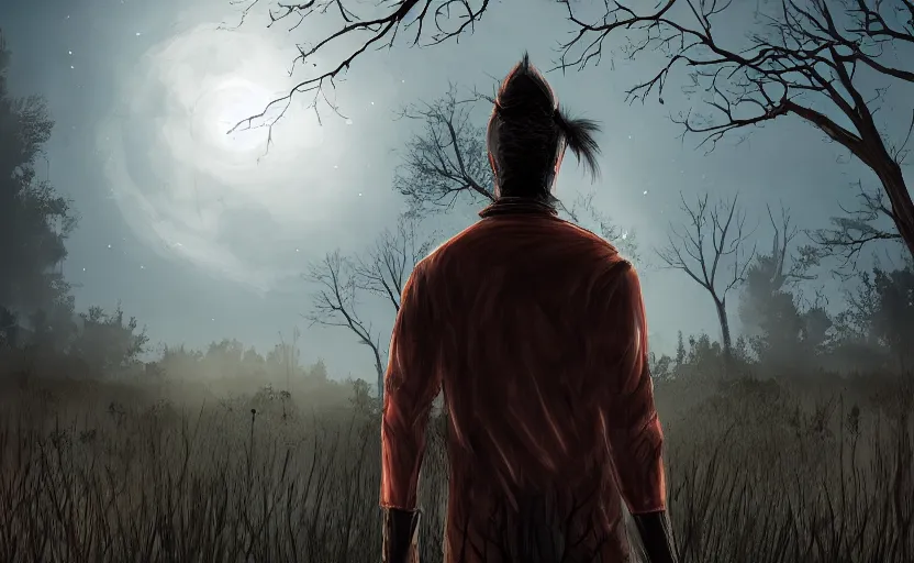 Image similar to view from behind a dead by daylight killer with long hair reaching up to a night sky, stars aligning, character portrait, digital art