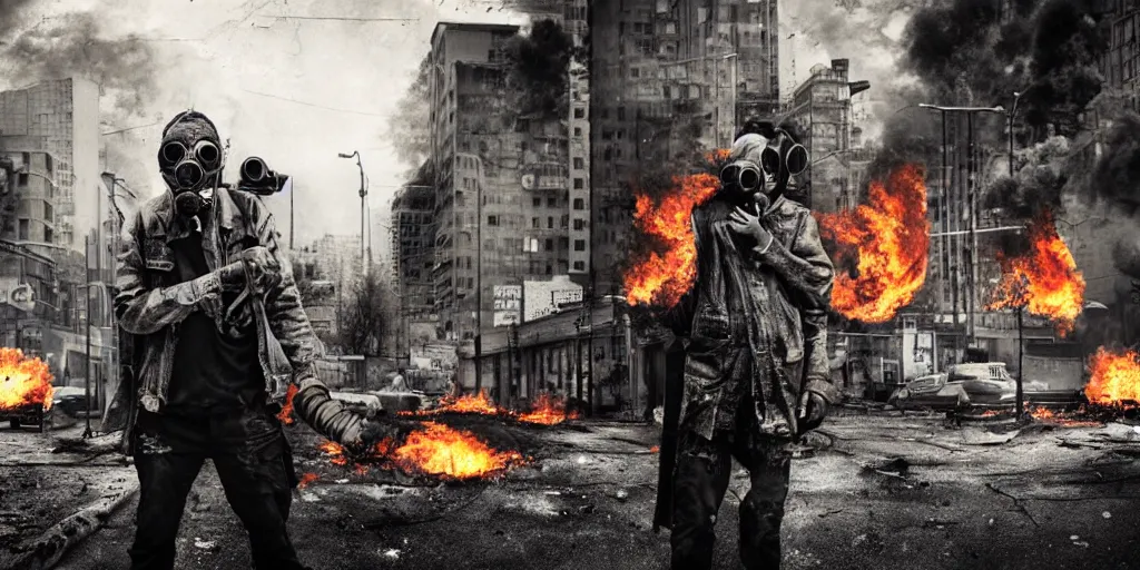 Image similar to post - apocalyptic city streets, close - up shot of an anarchist with a gasmask, burning cars, explosions, hyperrealistic, gritty, damaged, dark, urban photography, photorealistic, high details