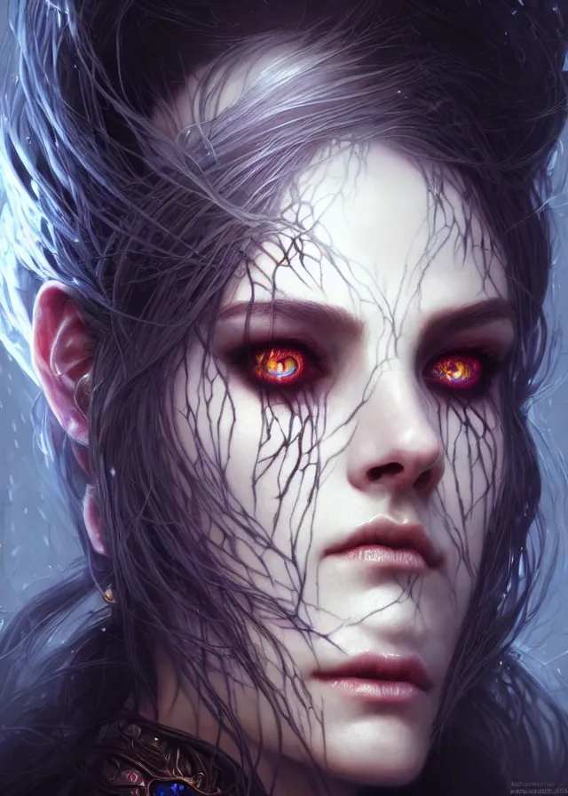 Image similar to Necromancer Sorceress face close-up macro in center, fantasy magic, undercut hairstyle, dark light night, intricate, elegant, sharp focus, illustration, highly detailed, digital painting, concept art, matte, art by WLOP and Artgerm and Greg Rutkowski and Alphonse Mucha, masterpiece