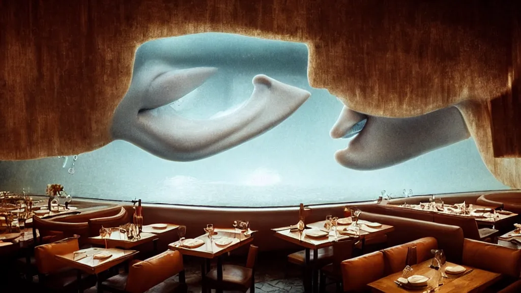 Image similar to the giant floating nose in the restaurant, made of water, film still from the movie directed by Denis Villeneuve with art direction by Salvador Dalí, wide lens