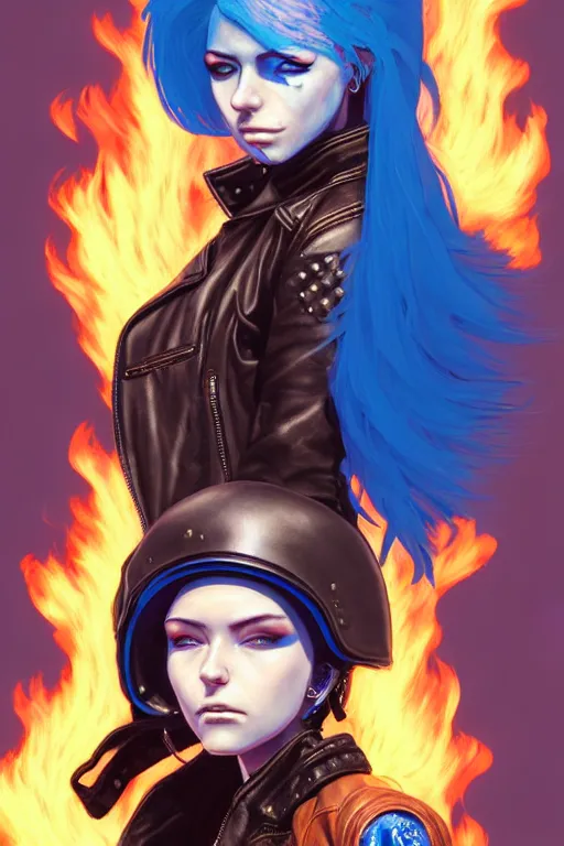 Image similar to a ultradetailed beautiful panting of post apocalyptic woman biker with helmet. blue hair. opened leather jacket, pretty face, high detailed face, in front of burning desert, anatomically correct, by ilya kuvshinov, greg rutkowski and makoto shinkai, trending on artstation