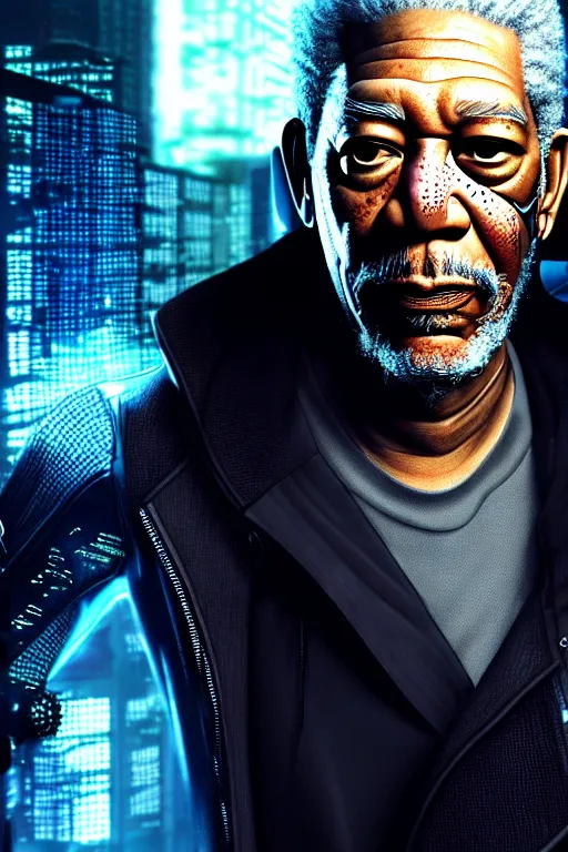 Prompt: a very detailed portrait a cyberpunk Morgan Freeman, biotech, machine, photorealistic, highly detailed with a cyberpunk style, unreal engine, defined cheekbones, dramatic cinematic lighting