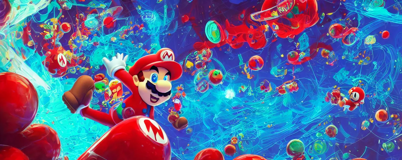 Image similar to red blue green illustration super mario as real human having psychedelic acid trip on lsd sglichy hypnotic fractals spirals with chemical molecules structures. lava lamp shapes by sachin teng and sergey kolesov and ruan jia and heng z. graffiti art, scifi, fantasy, hyper detailed. octane render. concept art. trending on artstation