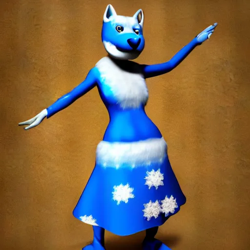 Prompt: 3 d render, well toned, large and tall, female, anthropomorphic wolf with a short snout, furless, blue scales with white spots, icey blue dress, blue scales covering her chest.
