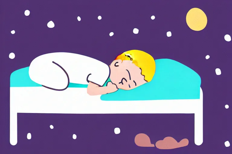 Image similar to Digital illustration of a kid sleeping on his bed at night, cute