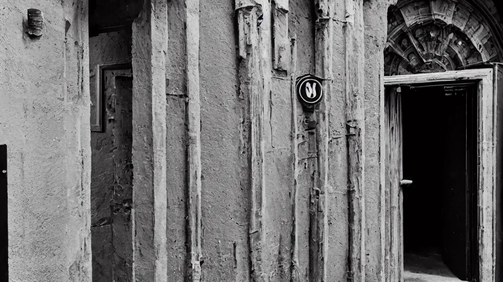 Prompt: detailed photograph of a doorway in a ( ( gray ) ) stoney extremely narrow nightclub hallway with a ( ( neon ) ) sign, aztec architecture, dimly lit, sharp focus