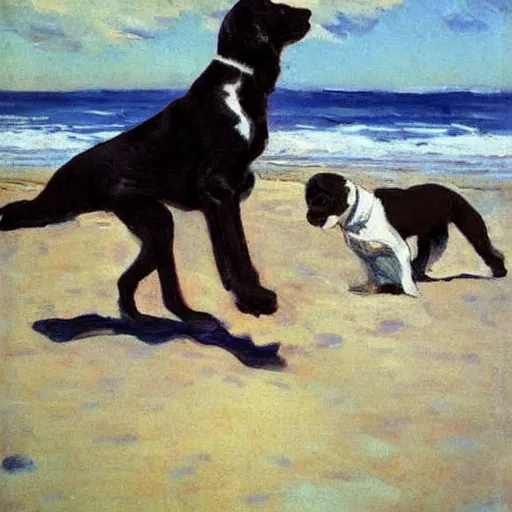 Prompt: dogs on the beach painted by sorolla