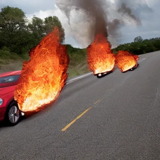 Image similar to photograph of donald trump on the highway firebending cars, dramatization