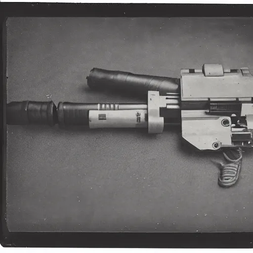 Prompt: Tintype photograph of a lightsaber and Star Wars blaster displayed in an ethnographic museum, archive material, anthropology, 1920s studio lighting.