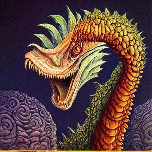 Prompt: portrait of surreal velociraptor, artwork by Daniel Merriam,