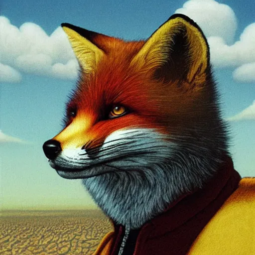 Image similar to a portrait of fox mccloud by peter elson, furry art, lonely, forlorn, with background by david a. hardy
