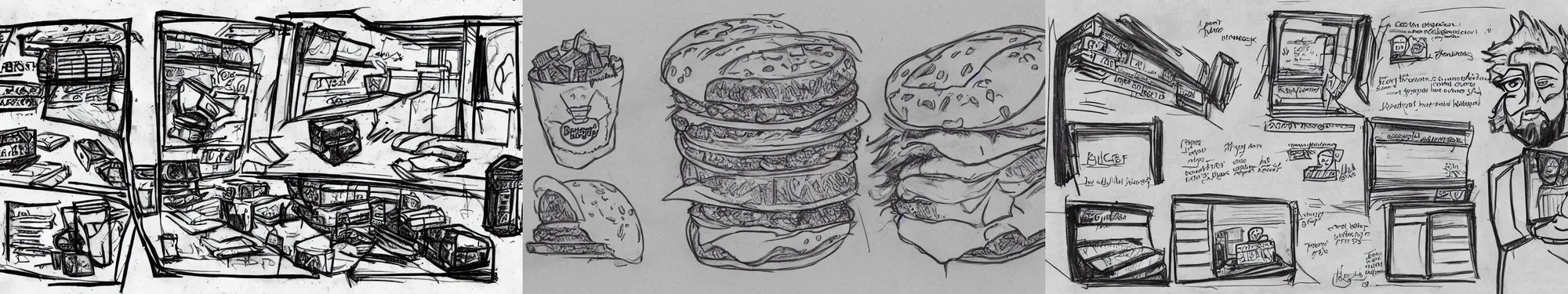 Prompt: sketch, first draft, secret file, plans of a burger king heist