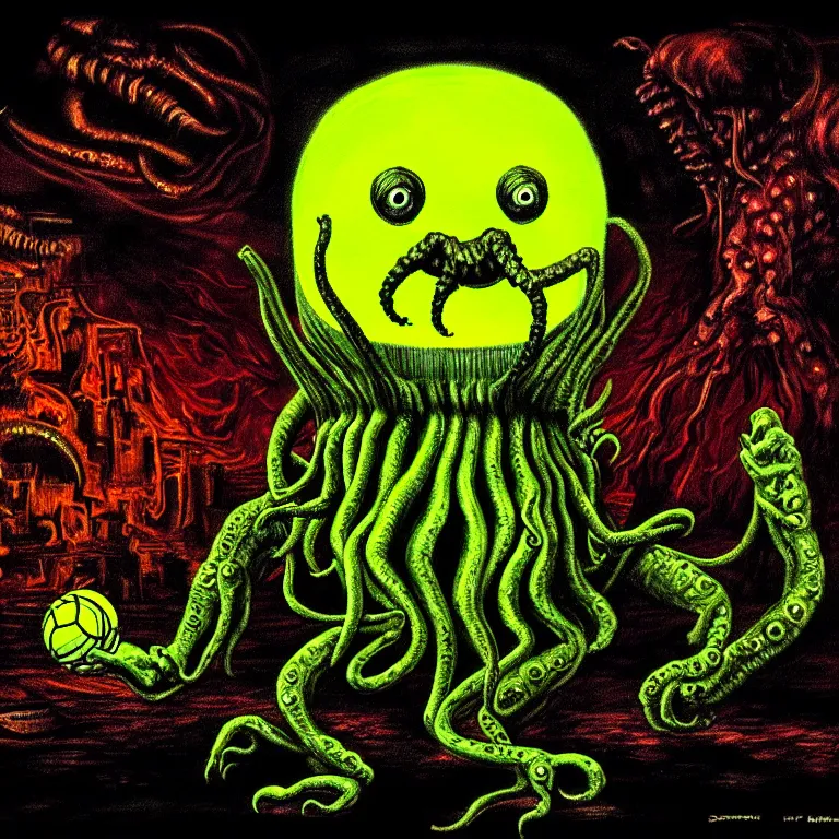 Prompt: a cinematic scene tennis ball monster from the cthulhu in nevada test side, lovecraft, concept art by basil gogos, dramatic lighting, ultra hd, hdr, 8 k