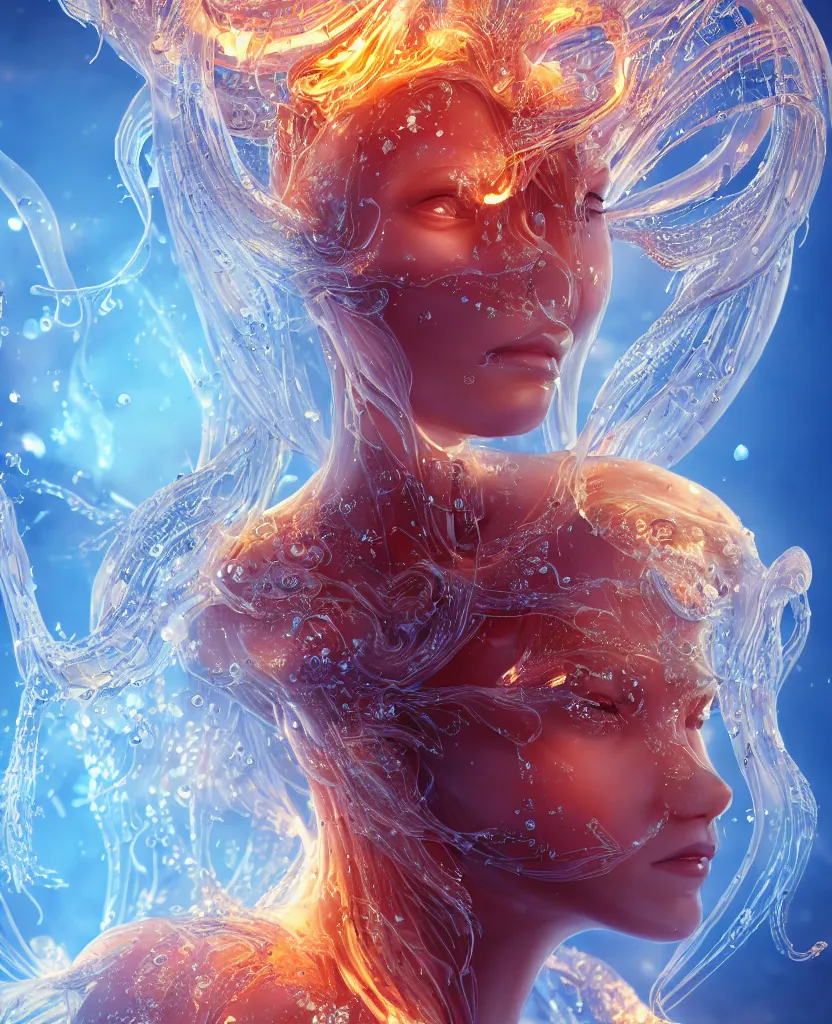 Image similar to close-up macro portrait of the face of a beautiful princess, epic angle and pose, symmetrical artwork, 3d with depth of field, blurred background, cybernetic jellyfish female face skull phoenix bird, translucent, nautilus, energy flows of water and fire. a highly detailed epic cinematic concept art CG render. made in Maya, Blender and Photoshop, octane render, excellent composition, cinematic dystopian brutalist atmosphere, dynamic dramatic cinematic lighting, aesthetic, very inspirational, arthouse. y Greg Rutkowski, Ilya Kuvshinov, WLOP, Stanley Artgerm Lau, Ruan Jia and Fenghua Zhong