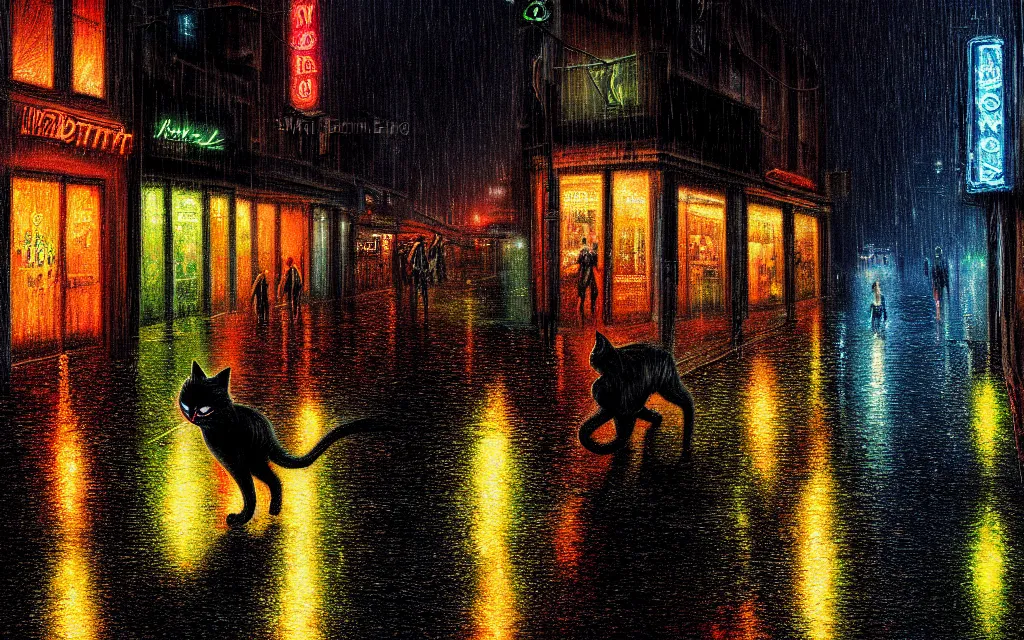 Image similar to black cat running through heavy rain in an emprty neon lit street at night by wlop, ultra detailed color art, high detail, digital art