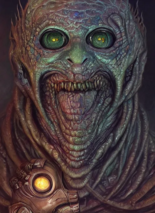 Image similar to hp lovecraft monster mf doom reptile eyes, metal glowing skin, highly detailed, centered, digital painting, artstation, concept art, smooth, sharp focus, illustration, artgerm, tomasz alen kopera, peter mohrbacher, donato giancola, joseph christian leyendecker, wlop, frank frazetta