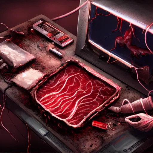 Prompt: , meat box with wires sticking out, a computer made out of flesh, computer made out of human flesh, skin on the gaming pc, personal computer horror, server, electronic, skinned alive, blood, teeth, intricate, highly detailed, digital painting, artstation, concept art, smooth, sharp focus, illustration,