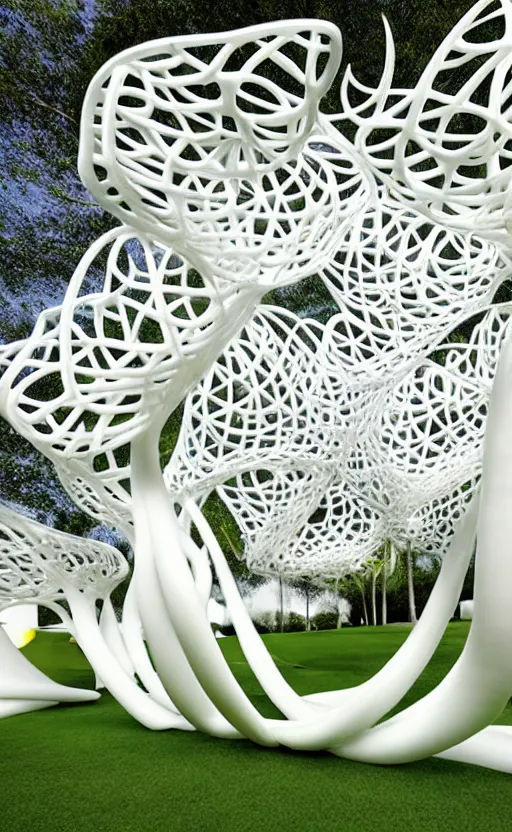 Image similar to elegant white art 3 d printed parametric installation with playful surreal tall lemon groves, urban playground, fluidity, vincent callebaut, mamou - mani, voronoi pavilion with huge white magnolias above