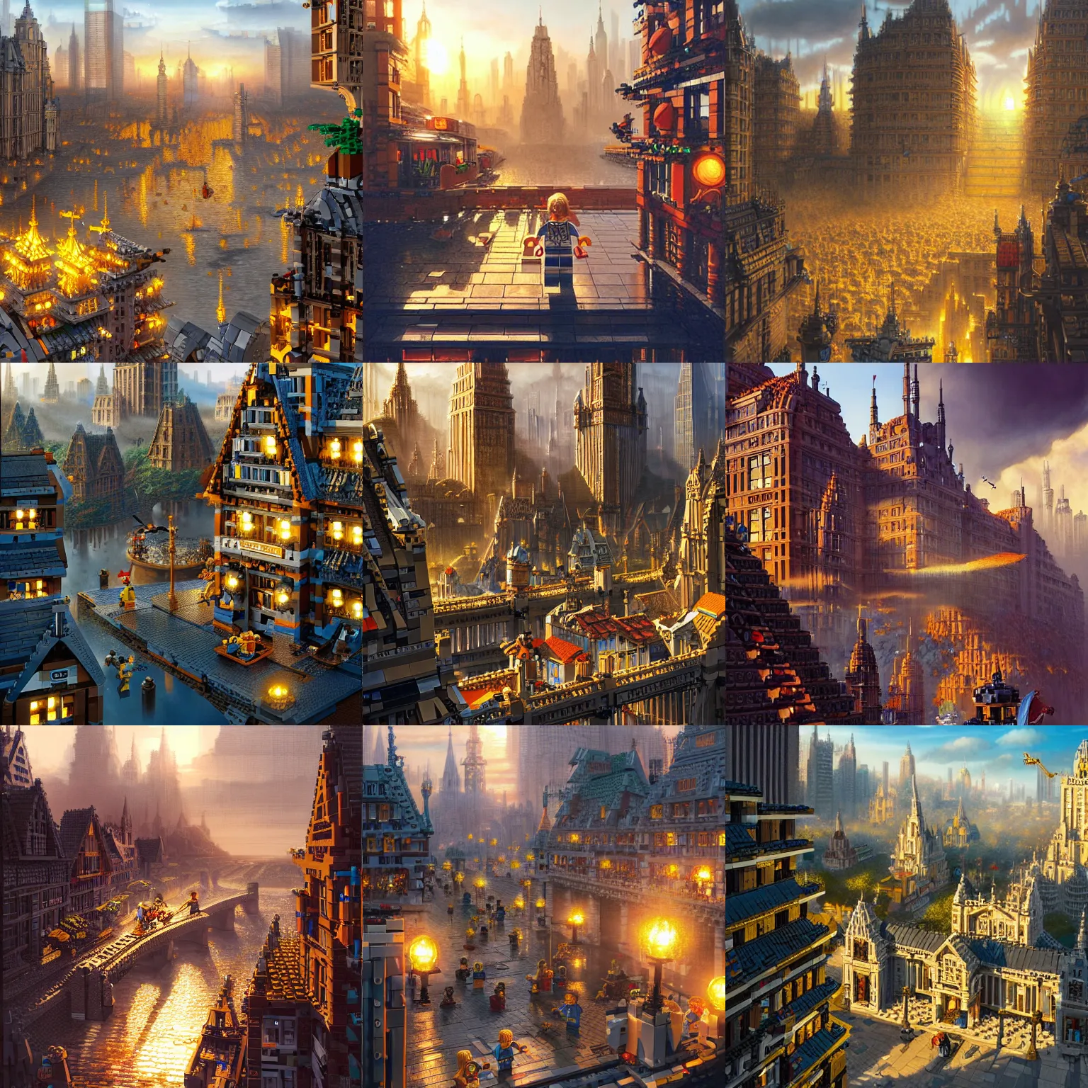 Prompt: lego scene city by Alan Lee, (golden hour), final fantasy, d&d, highly detailed, digital painting, concept art, smooth, sharp focus, illustration, ArtStation, art by artgerm and greg rutkowski and Hikari Shimoda and Edmund Blair Leighton and Charlie Bowater