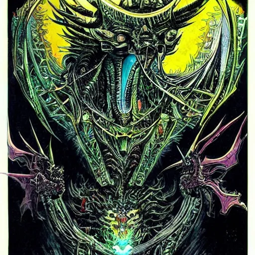 Image similar to an epic demonic alien dragon demigod descending from the cosmos to consume the earth, philippe druillet art