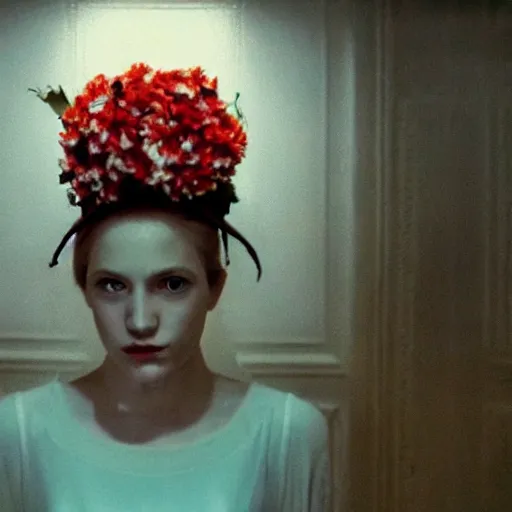 Prompt: movie still of the girl with the flowers head, cinematic composition, cinematic light, by edgar wright and david lynch, surrealist art