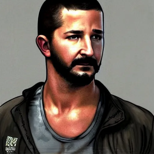 Image similar to A combination of George Eads's and Tristin Mays's and Shia LaBeouf 's faces as Aiden Caldwell character from Dying Light 2 Stay Human, western, D&D, fantasy, intricate, elegant, highly detailed, digital painting, artstation, concept art, matte, sharp focus, illustration, art by Artgerm and Greg Rutkowski and Alphonse Mucha