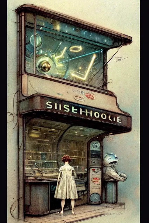 Image similar to ( ( ( ( ( 1 9 5 0 s retro science fiction shopfront. muted colors. ) ) ) ) ) by jean - baptiste monge!!!!!!!!!!!!!!!!!!!!!!!!!!!!!!