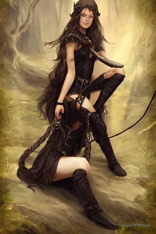 Prompt: a beatiful female elven priestess wearing thigh high black leather boots, she is holding a kneeling girl on a leash, ultrarealistic detailed digital art in the style of Charlie Bowater