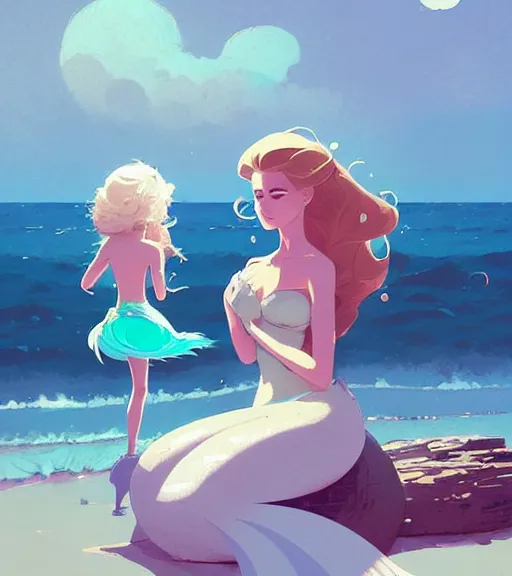 Image similar to a princess and a mermaid on the beautiful beach by atey ghailan, by greg rutkowski, by greg tocchini, by james gilleard, by joe fenton, by kaethe butcher, dynamic lighting, gradient light blue, brown, blonde cream and white color scheme, grunge aesthetic