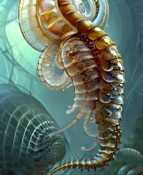 Image similar to intricate ornate opulent transparent clear see - through portrait of a horrific beautiful isopod nautilus snake, fractal, adorable, childlike, overgrown biopunk jungle environment, ultra realistic, concept art, art nouveau, photorealistic, octane render, 8 k, unreal engine. art by christopher marley and artgerm and greg rutkowski and alphonse mucha