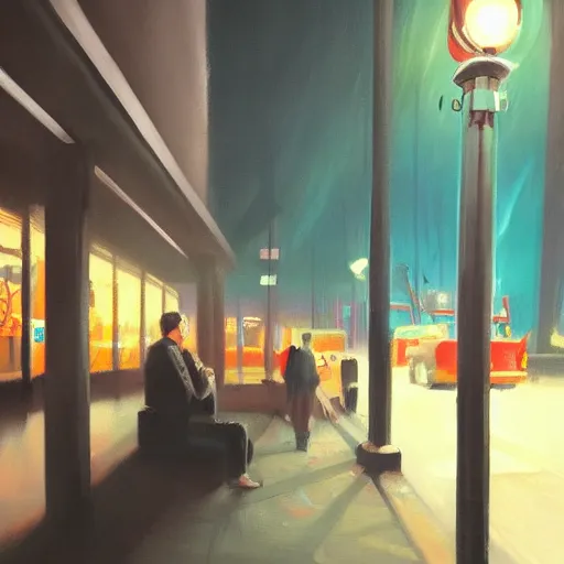 Image similar to dark city bus stop, painting by Simon Ståhlberg,ArtStation