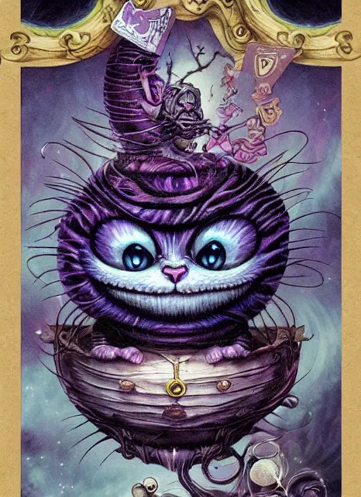 Image similar to cheshire cat strength tarot card, highly detailed, cinematic, 8 k, bymegan duncanson, benjamin lacombe, naoto hattori, adrian borda, giger, trending on deviantart, hyper detailed, horror, full of colour