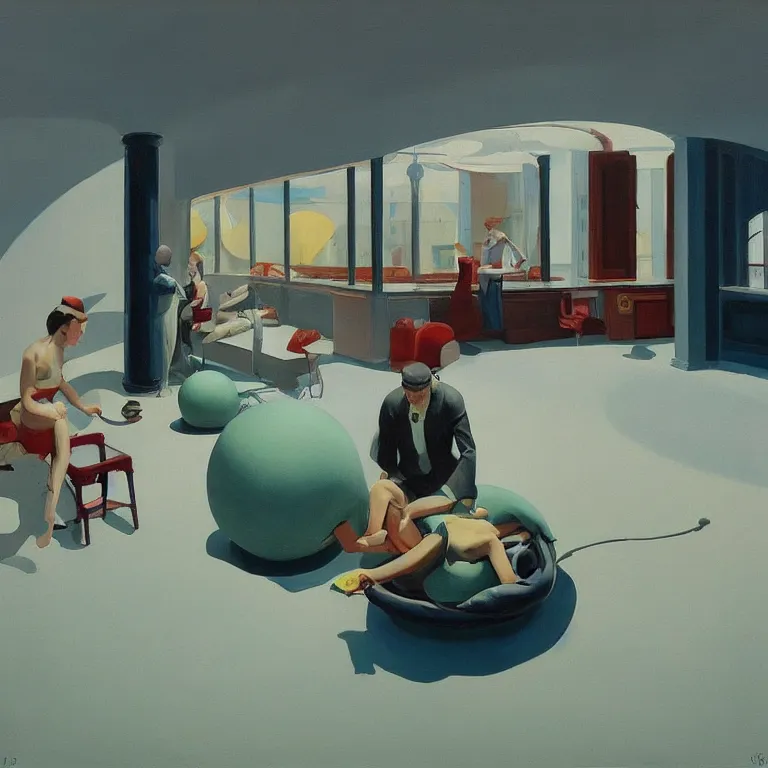 Image similar to round metaballs belting together and dripping on the floor, painted by Edward Hopper, painted by James Gilleard, surrealism, airbrush