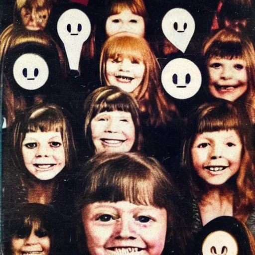 Prompt: creepy 70s style school portrait, googly eyes, teeth, dusty photo from the 70s