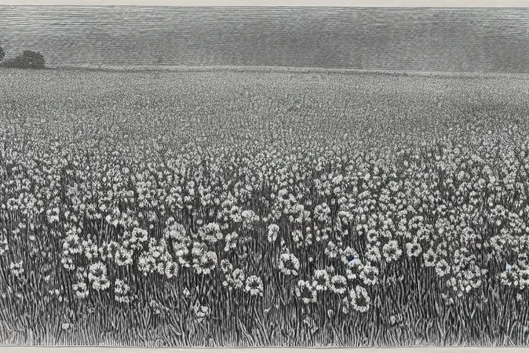 Image similar to black and white, close-up flower field, Gustave Dore lithography