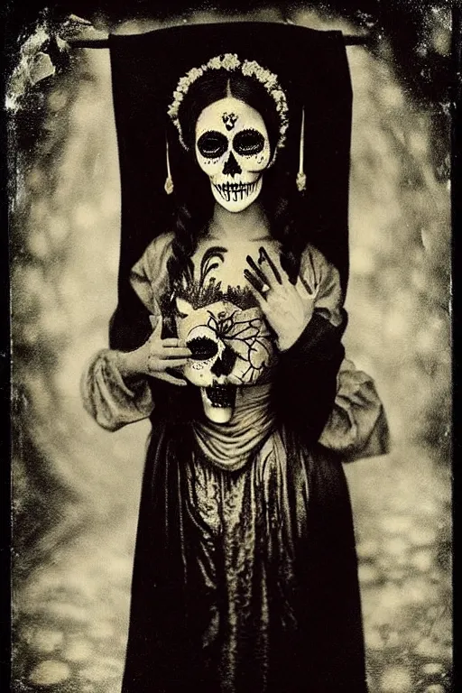 Image similar to tintype, 1 9 0 0's virgin mary dia de muertos dress and make up, horrific beautiful vibe, evocative, atmospheric lighting, painted, intricate, highly detailed, leesha hannigan, wayne haag, reyna rochin, ignacio fernandez rios, mark ryden, iris van herpen, stunning, gorgeous, sharp focus, cinematic, masterpiece