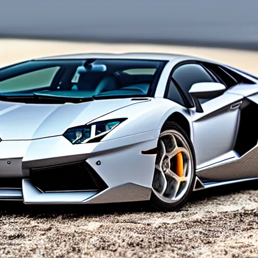 Image similar to A beautiful silver Lamborghini aventador on the beach, 8k, ray tracing reflections