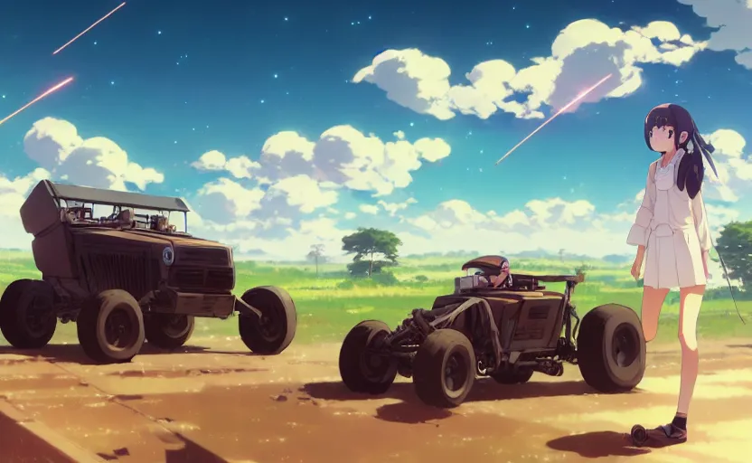 Prompt: a high school girl controlling a radio controlled buggy, clear summer sky background, dirt and luch landscape, illustration concept art anime key visual trending pixiv fanbox by wlop and greg rutkowski and makoto shinkai and studio ghibli and kyoto animation, race event, backlit